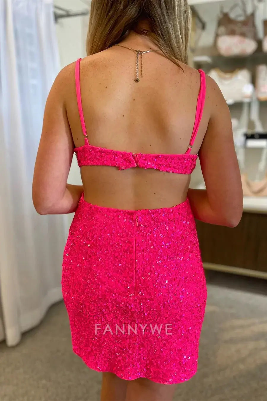 FannyWe Simple Hot Pink Sequin V-Neck Backless Short Party Dress formal wear dresses